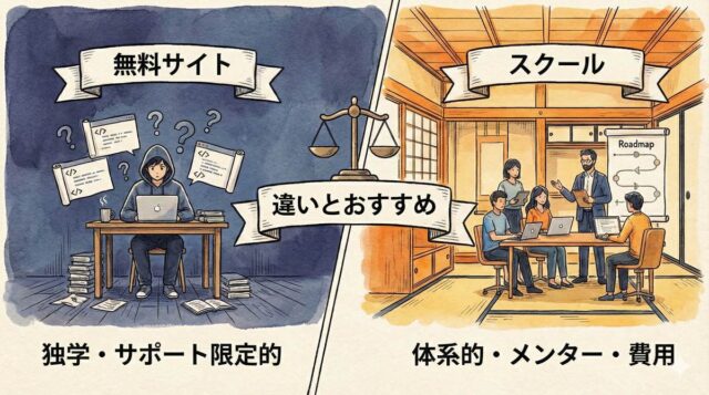 プログラミング学習の無料サイトとスクールの違いとおすすめ